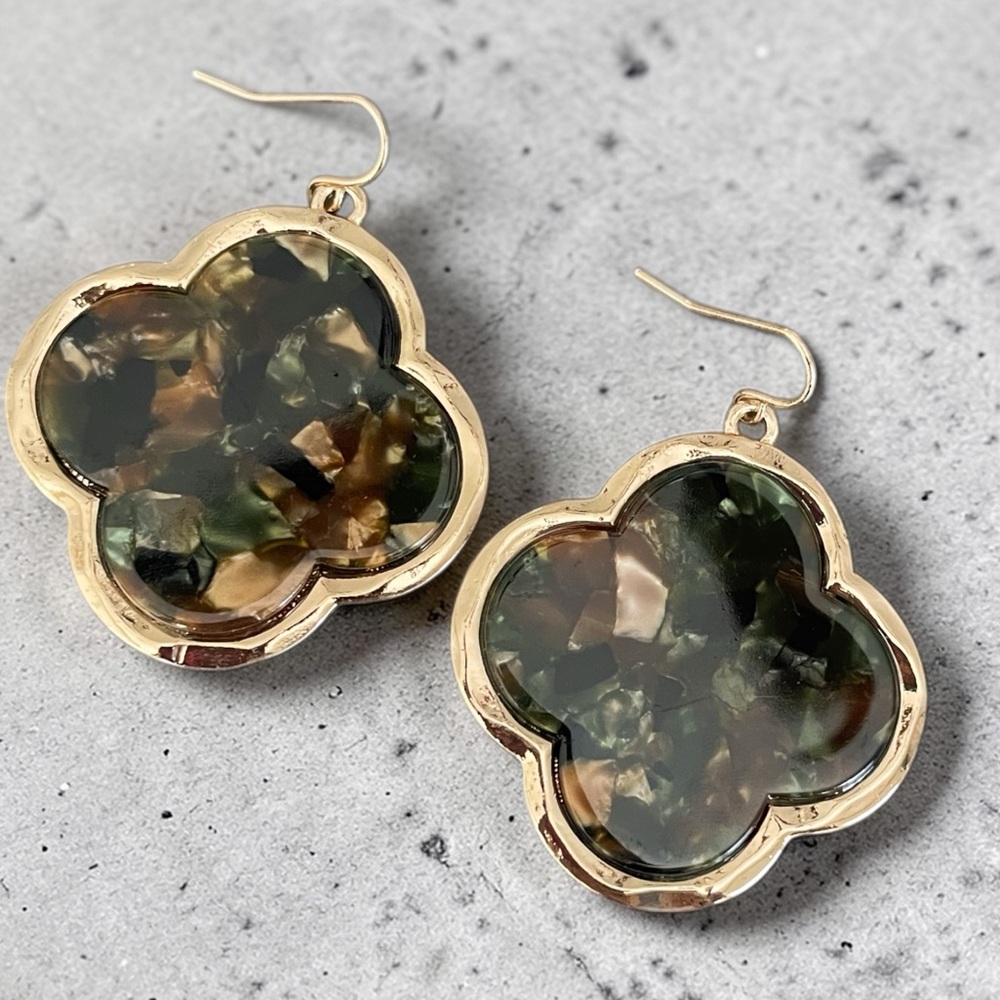 Large Gold Tortoiseshell Clover Drop Earrings